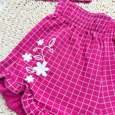  Conj. Batinha e Short Xadrez com Flores  - Bordô